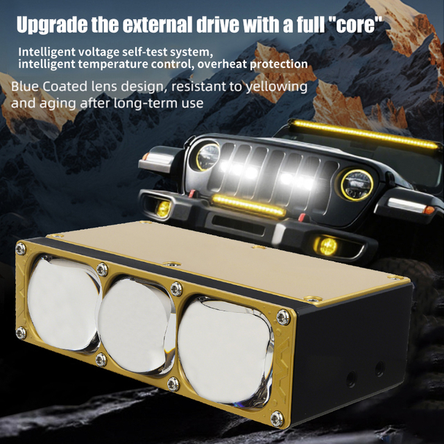 Đèn pha ô tô 170W 3 mắt Ống kính màu xanh Bi Led Lưới tản nhiệt với quạt DRL Lái xe sương mù Đèn phụ trợ bên ngoài Xe địa hình Xe tải