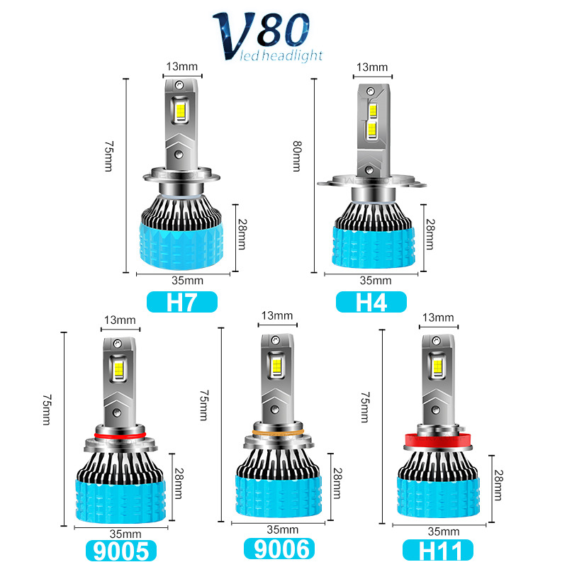 Dòng V80 | Bán hàng trực tiếp tại nhà máy Bóng đèn pha LED ô tô màu trắng siêu sáng hiệu suất cao 180W 18000LM 6000K